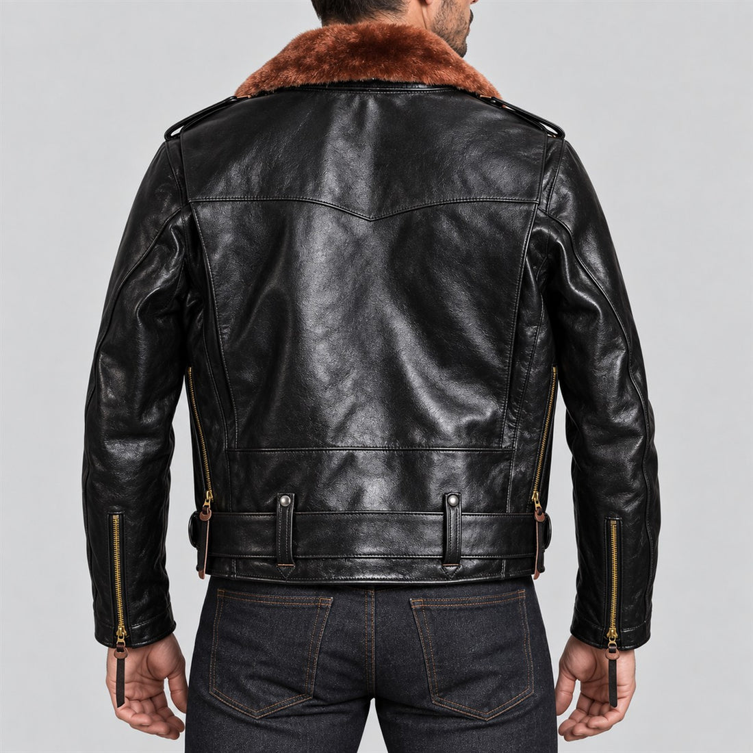 Men's J-24 Black Cowhide Leather Biker Jacket with Mouton Collar - front view