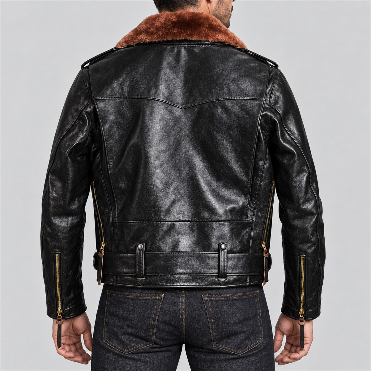 Men's J-24 Black Cowhide Leather Biker Jacket with Mouton Collar - back view