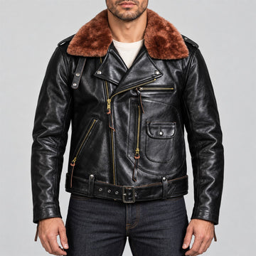 Men's J-24 Black Cowhide Leather Biker Jacket with Mouton Collar - front view