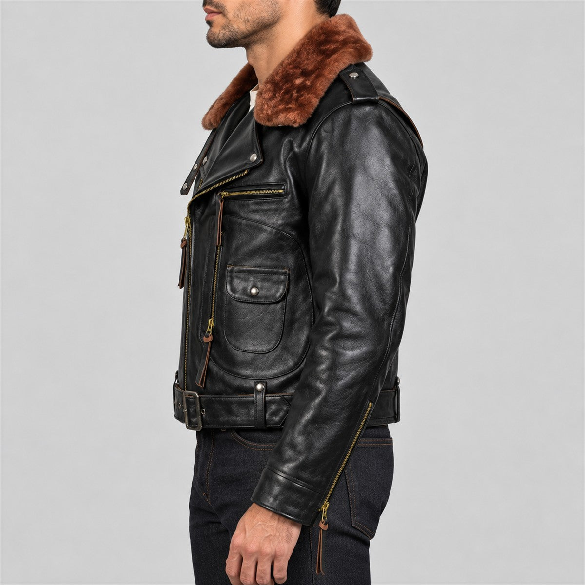 Men's J-24 Black Cowhide Leather Biker Jacket with Mouton Collar - left view