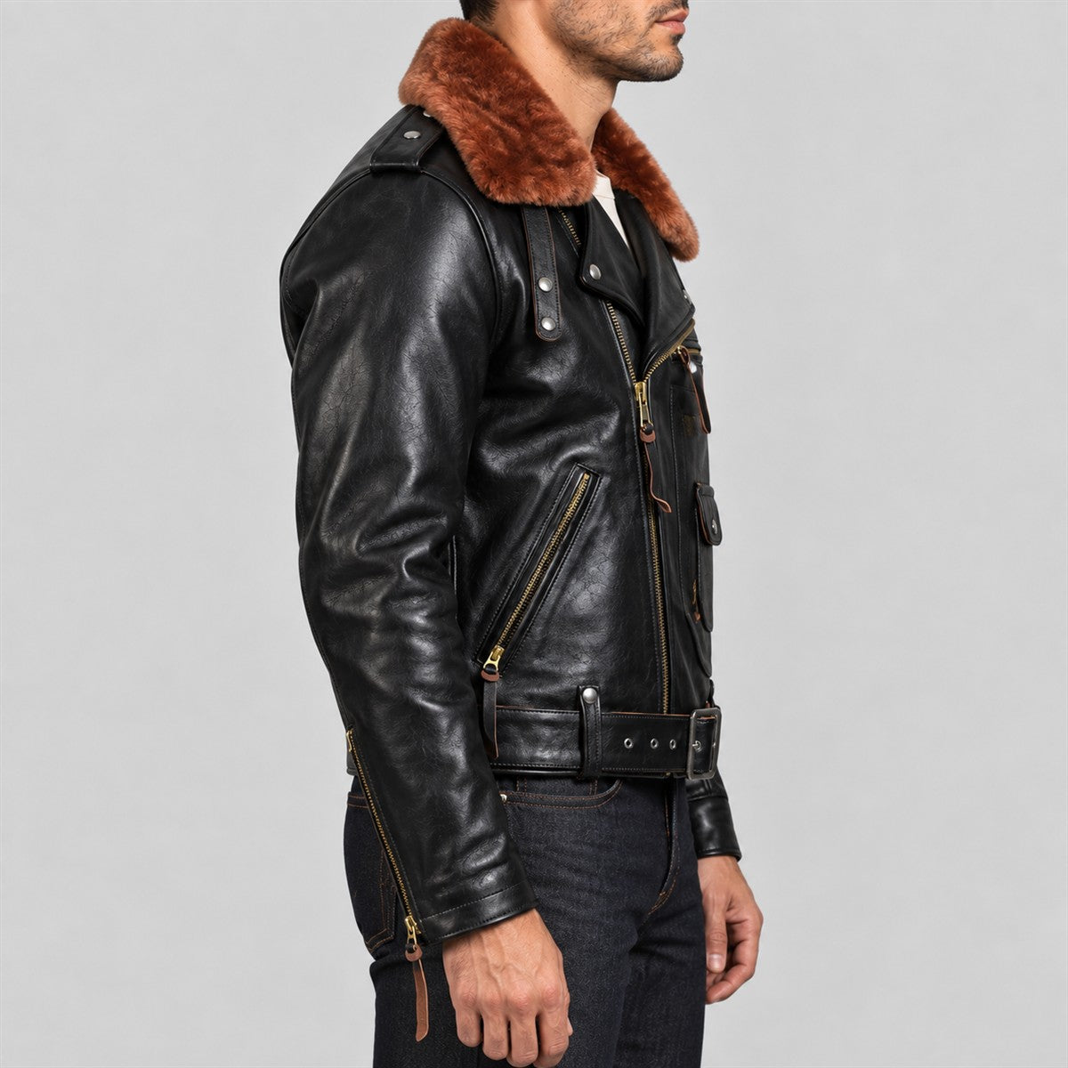 Men's J-24 Black Cowhide Leather Biker Jacket with Mouton Collar - right view