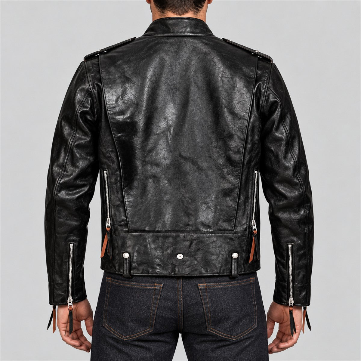 Men's J-31 Black Cowhide Leather Motorcycle Jacket - back view
