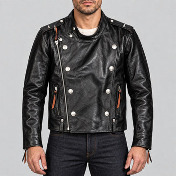 Men's J-31 Black Cowhide Leather Motorcycle Jacket - front view