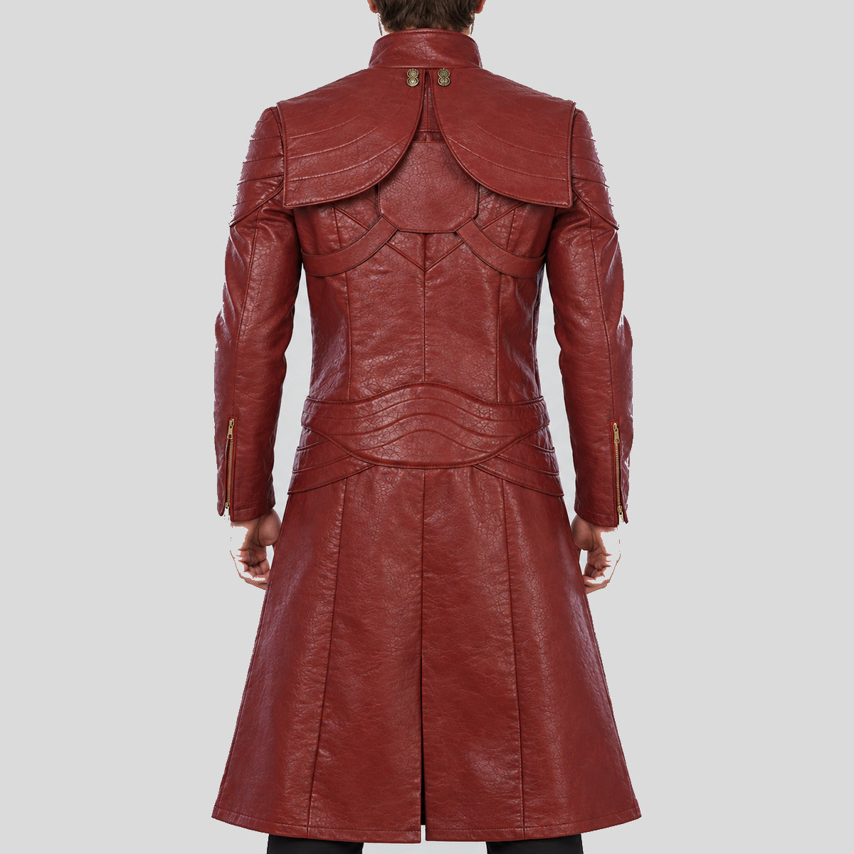 Men's maroon Gothic leather duster coat back view