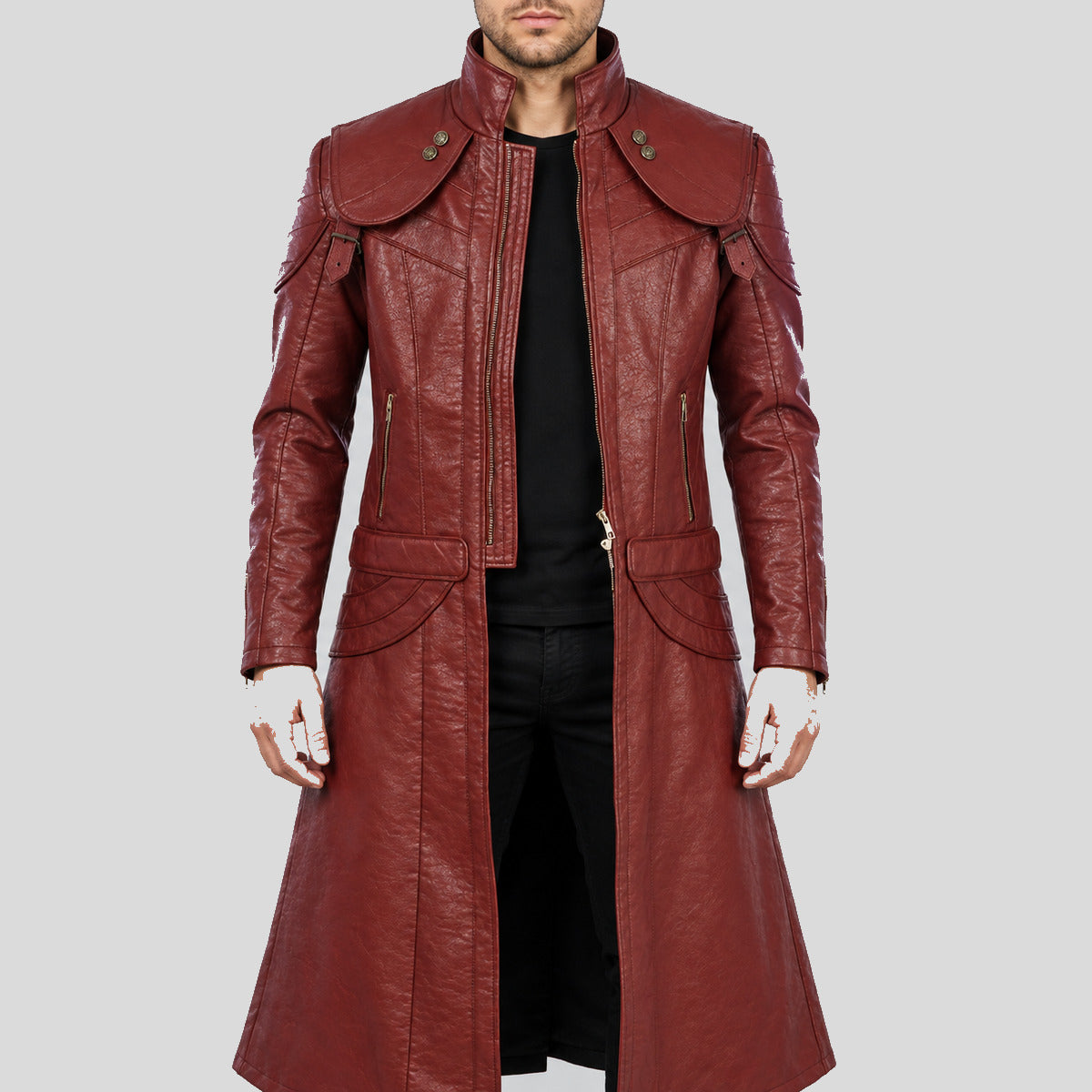Men's maroon Gothic leather duster coat front view