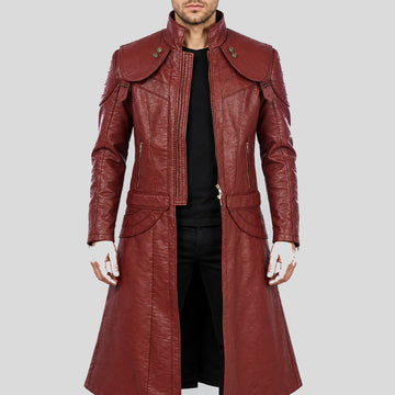 Men's maroon Gothic leather duster coat front view