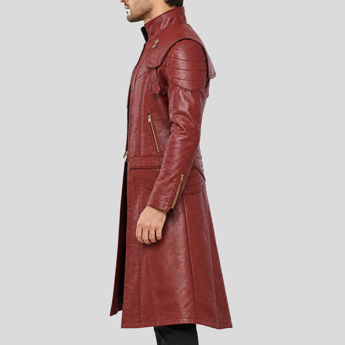 Men's maroon Gothic leather duster coat left side view