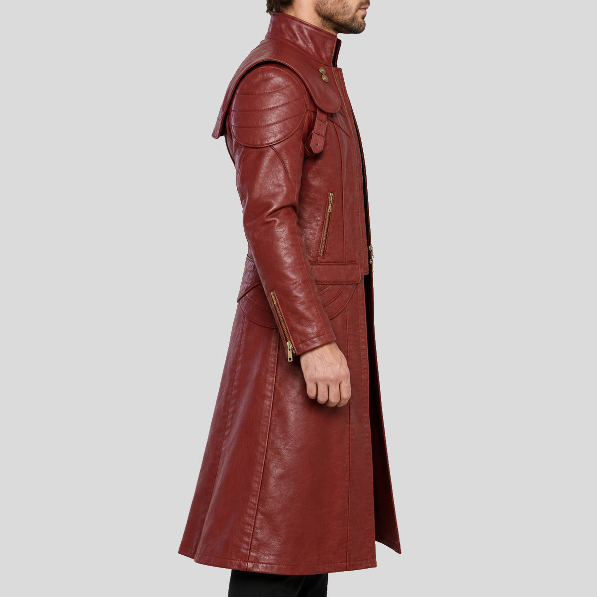 Men's maroon Gothic leather duster coat right side view