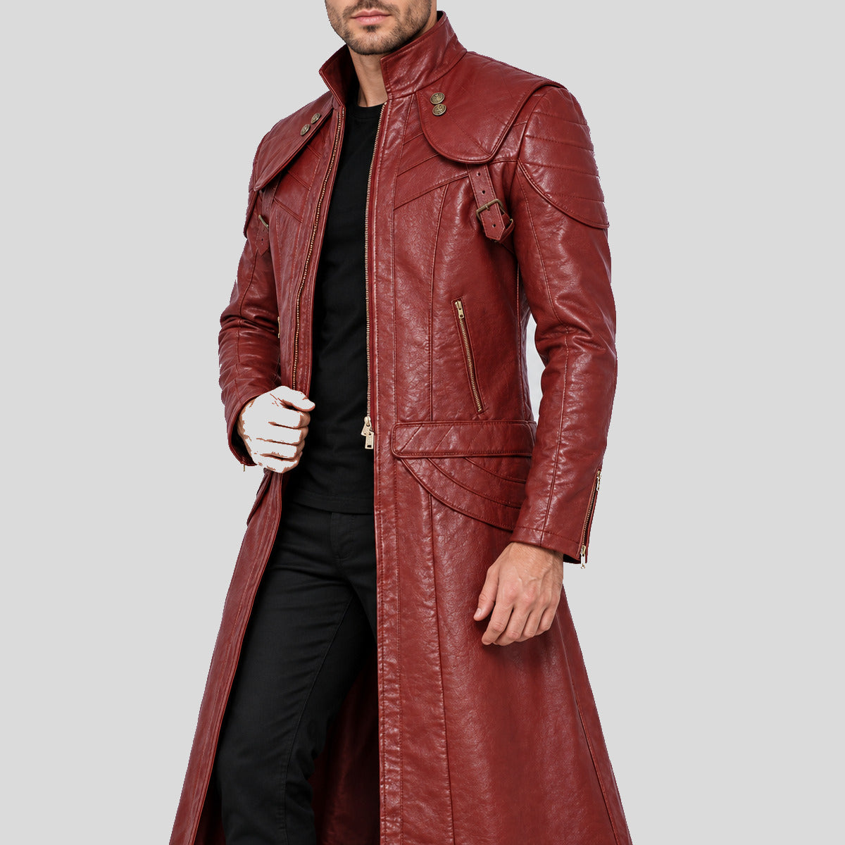 Men's maroon Gothic leather duster coat three-quarter view