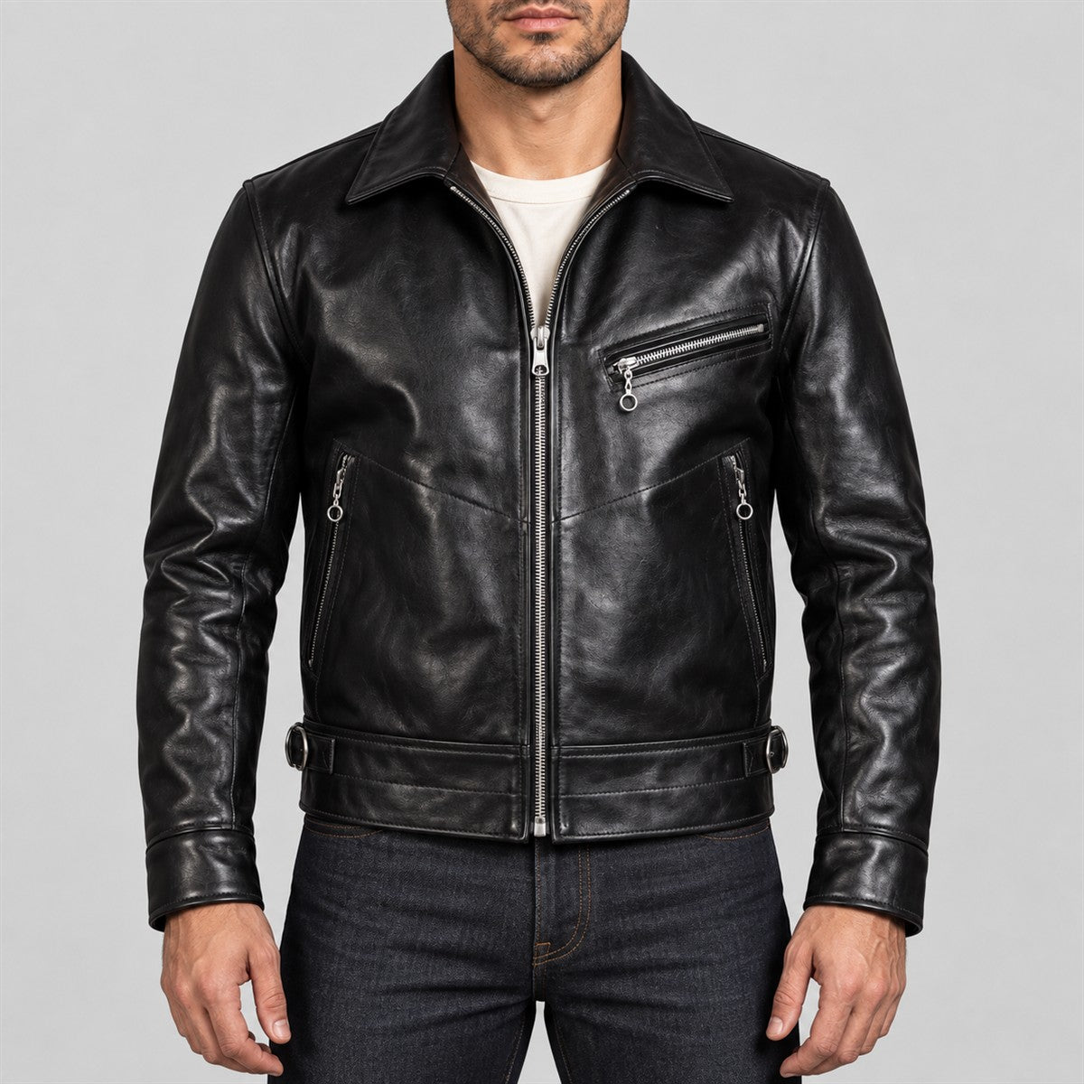 Men's Motorist Black Cowhide Leather Sports Jacket - front view