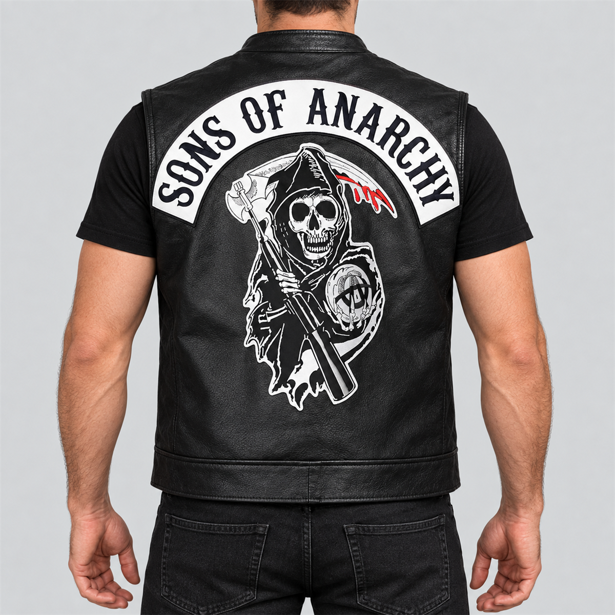 Men's Samcro Halloween black leather biker vest — back view