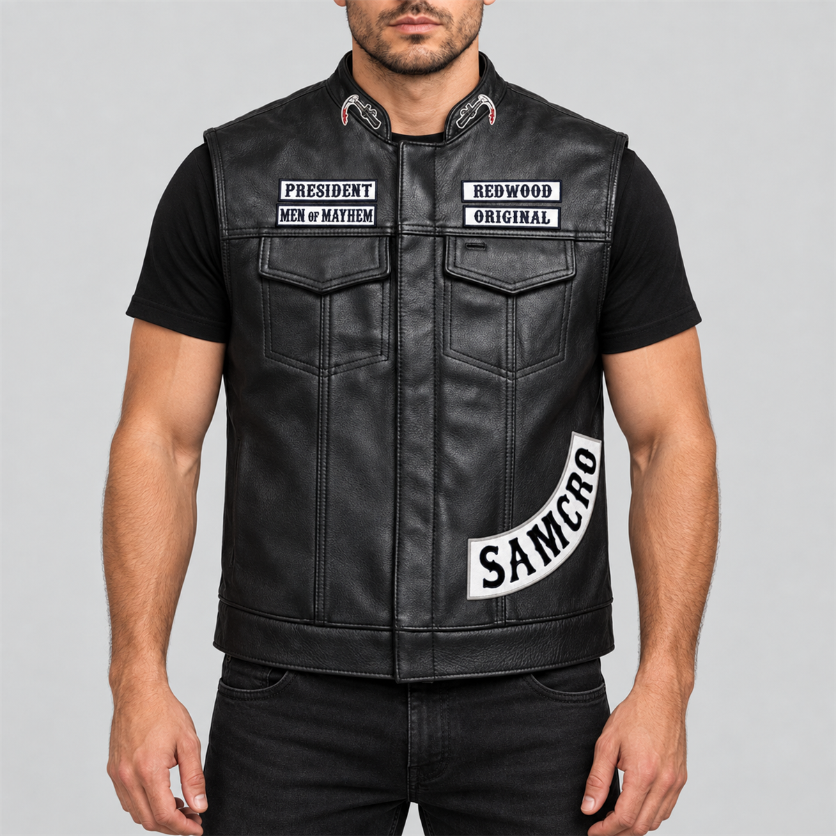 Men's Samcro Halloween black leather biker vest — front view