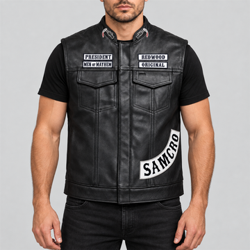 Men's Samcro Halloween black leather biker vest — front view