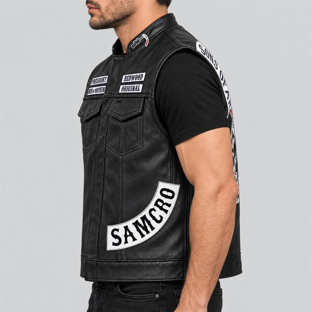 Men's Samcro Halloween black leather biker vest — left view