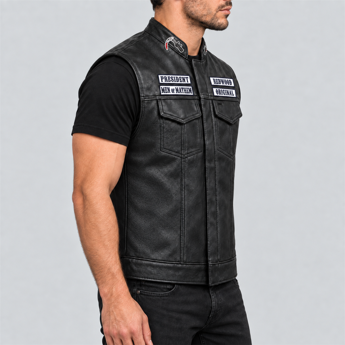 Men's Samcro Halloween black leather biker vest — right view