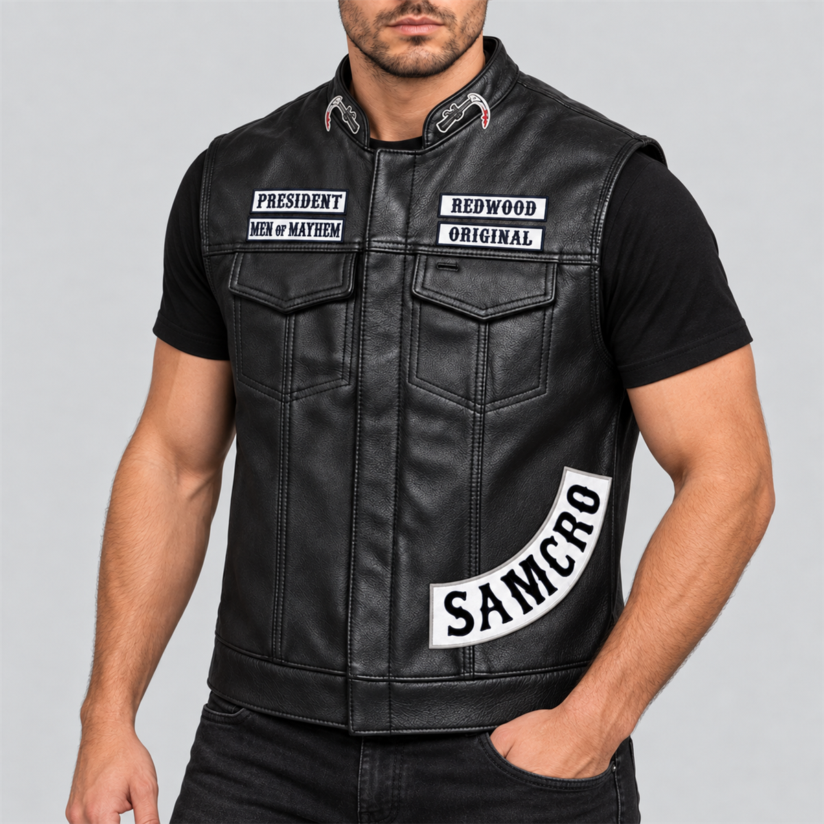 Men's Samcro Halloween black leather biker vest — three-quarter view
