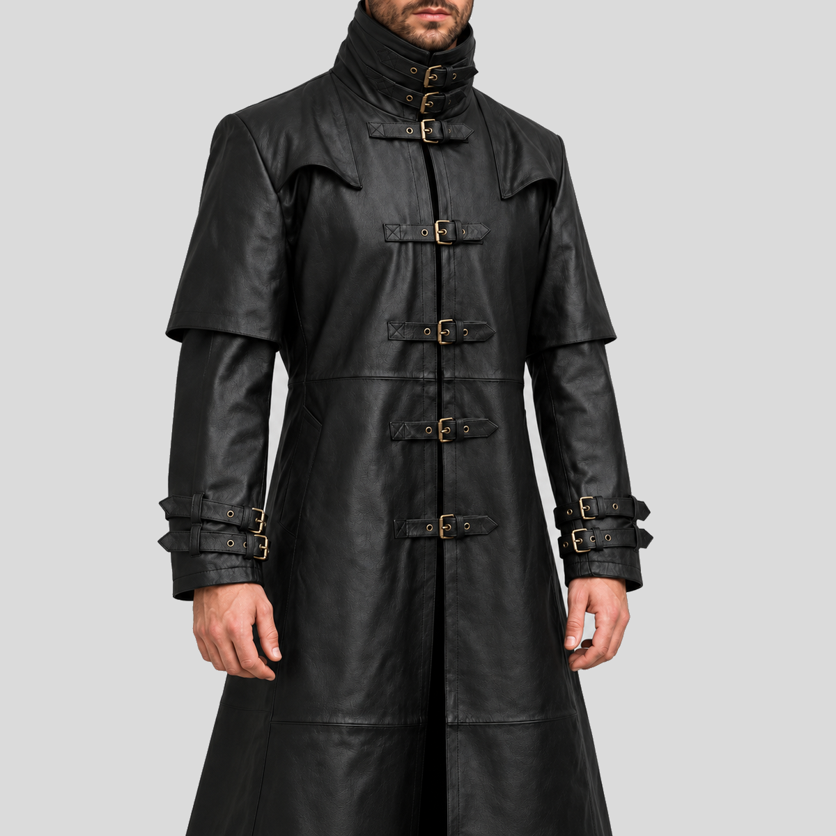 Men's black steampunk gothic buckle duster leather coat alternate front angle