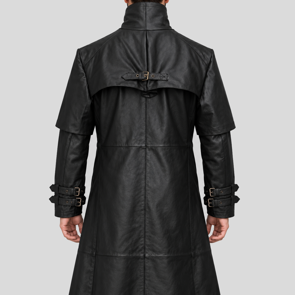 Men's black steampunk gothic buckle duster leather coat back view