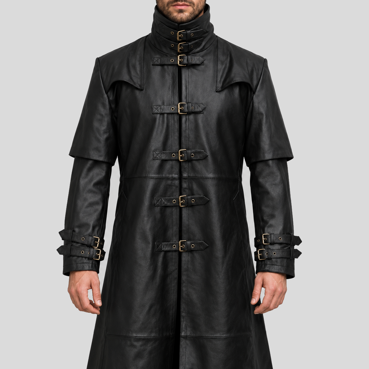 Men's black steampunk gothic buckle duster leather coat front view
