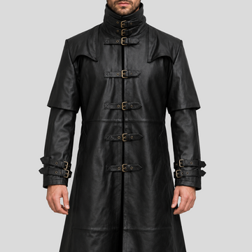 Men's black steampunk gothic buckle duster leather coat front view