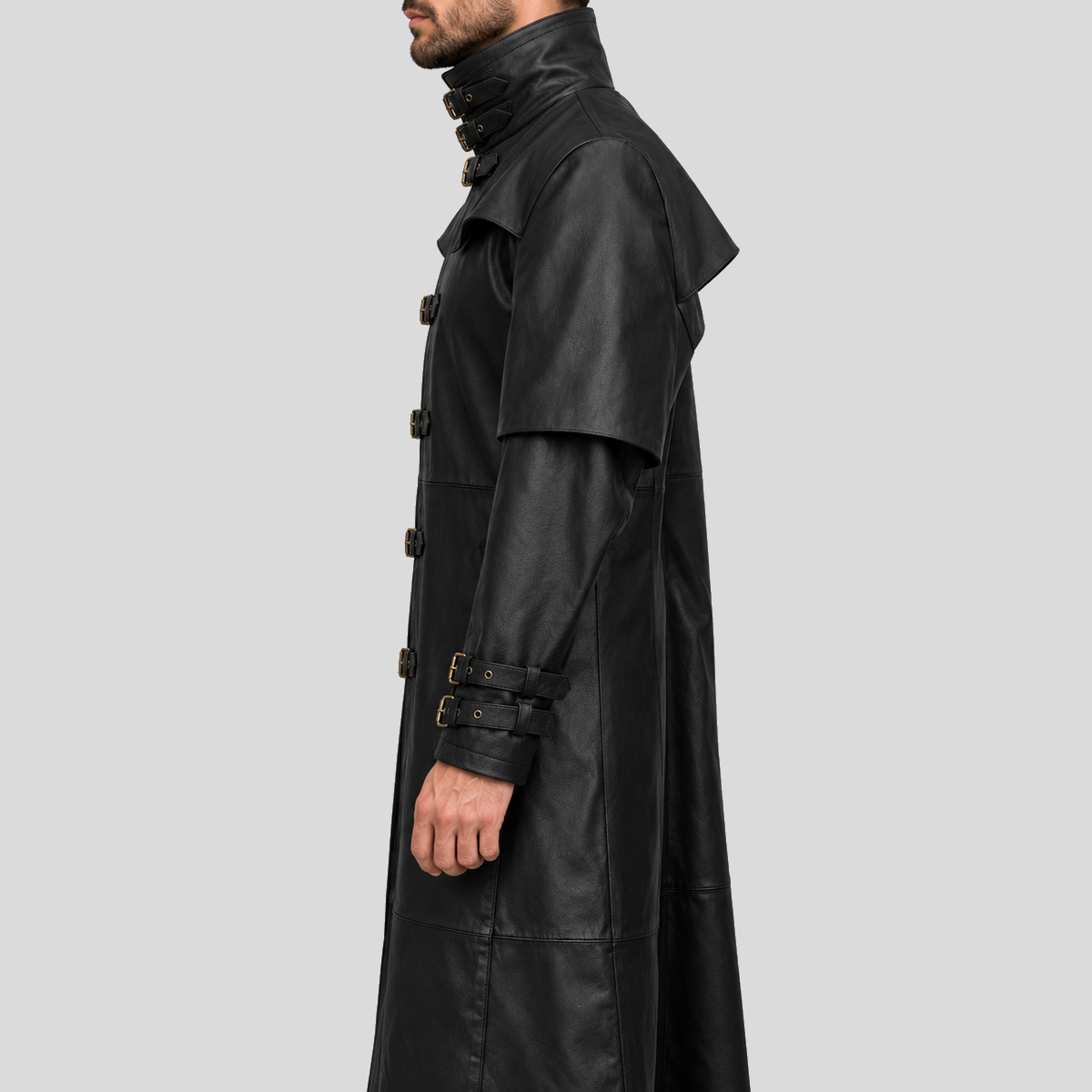 Men's black steampunk gothic buckle duster leather coat left view