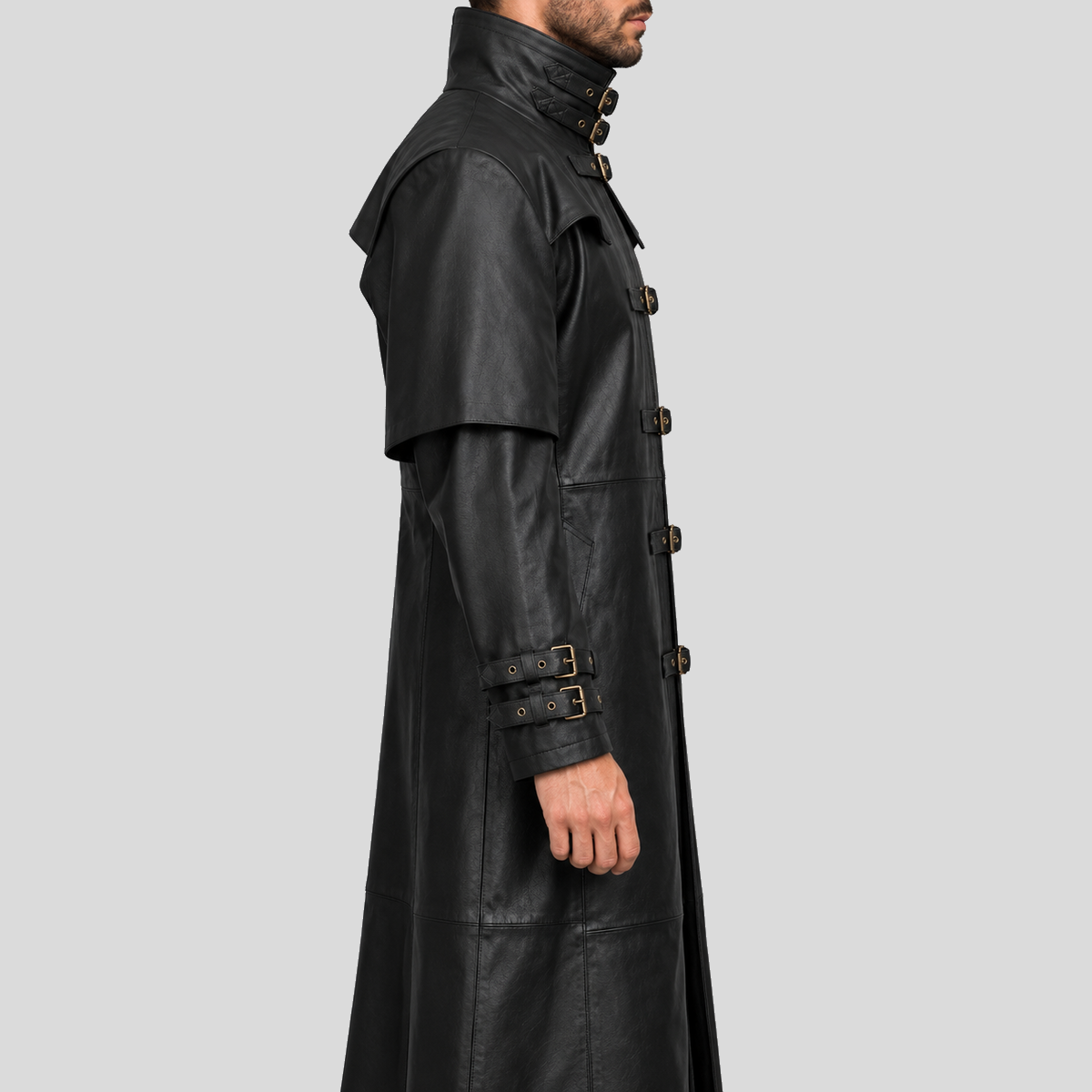 Men's black steampunk gothic buckle duster leather coat right view