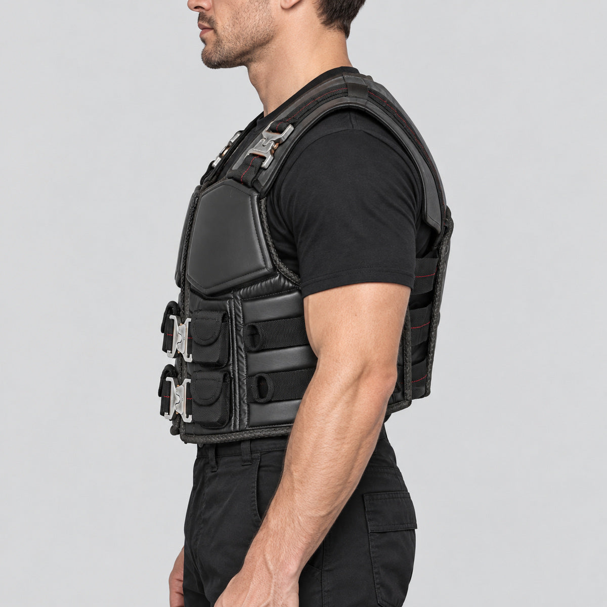 Men's Wesley Snipes Blade Halloween black tactical leather vest left side view