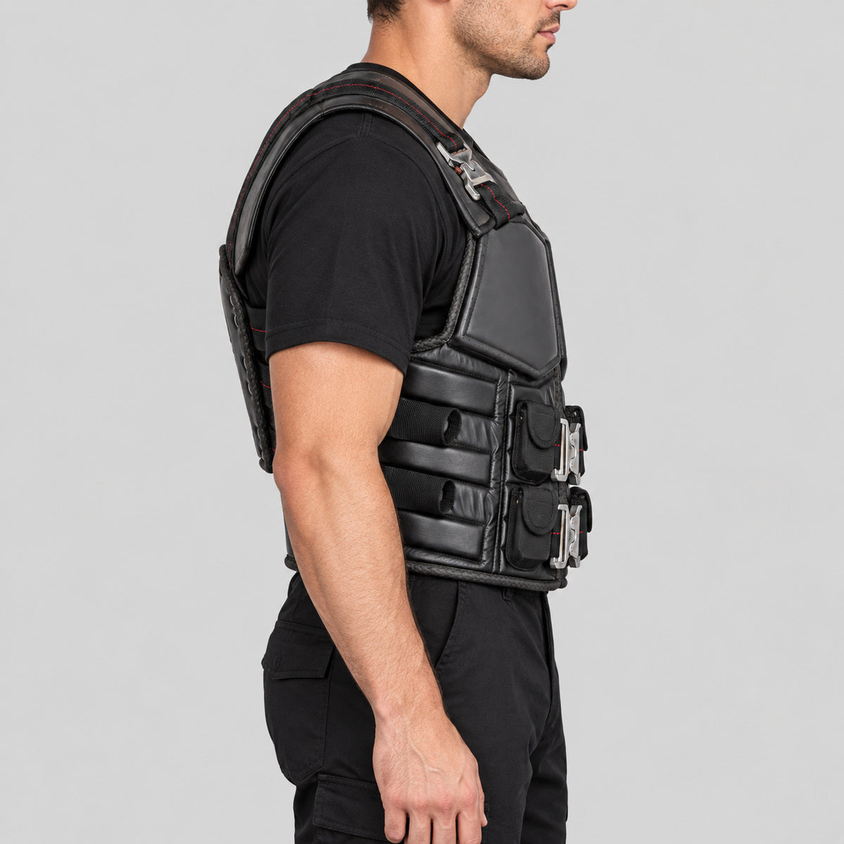 Men's Wesley Snipes Blade Halloween black tactical leather vest right side view