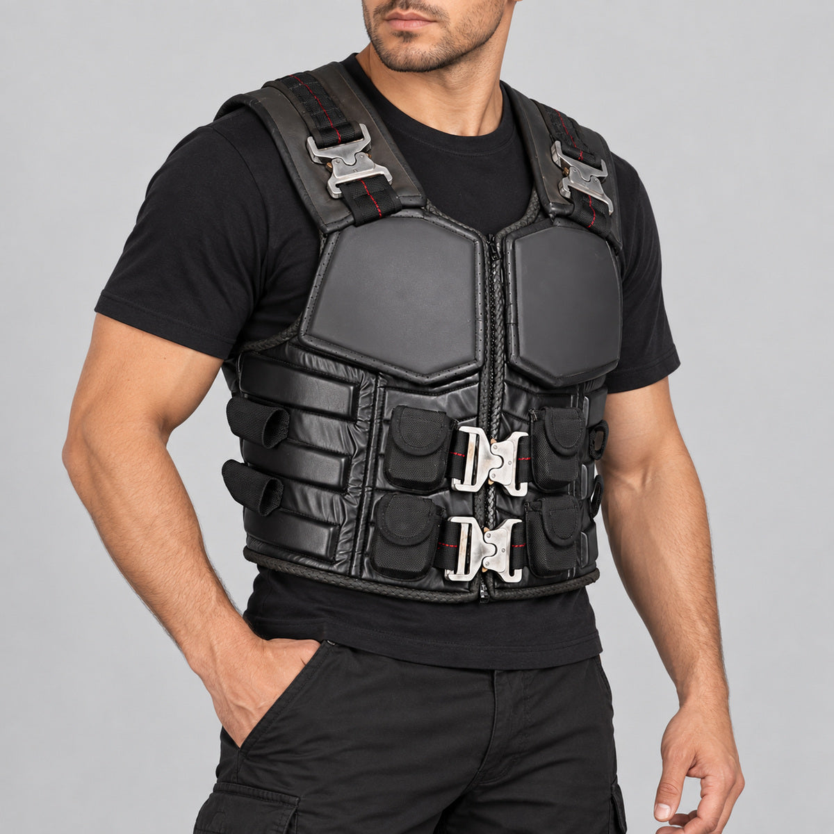 Men's Wesley Snipes Blade Halloween black tactical leather vest three-quarter view