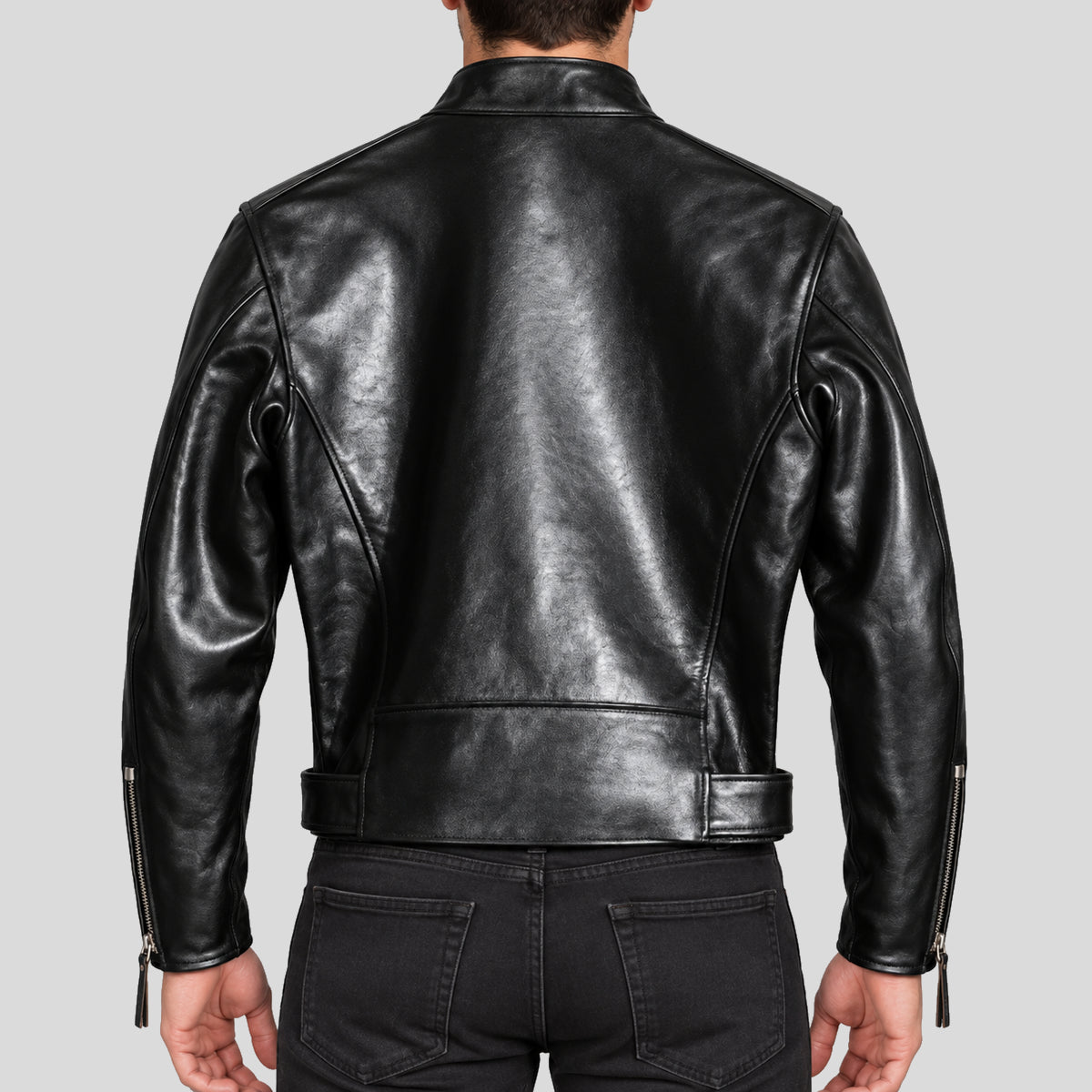Men's 1930s Black Belted Leather Motorcycle Jacket