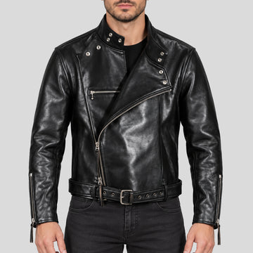 Men's 1930s Black Belted Leather Motorcycle Jacket