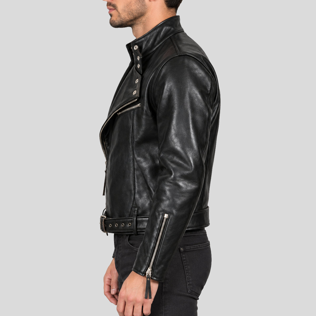 Men's 1930s Black Belted Leather Motorcycle Jacket