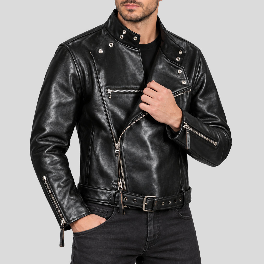 Men's 1930s Black Belted Leather Motorcycle Jacket