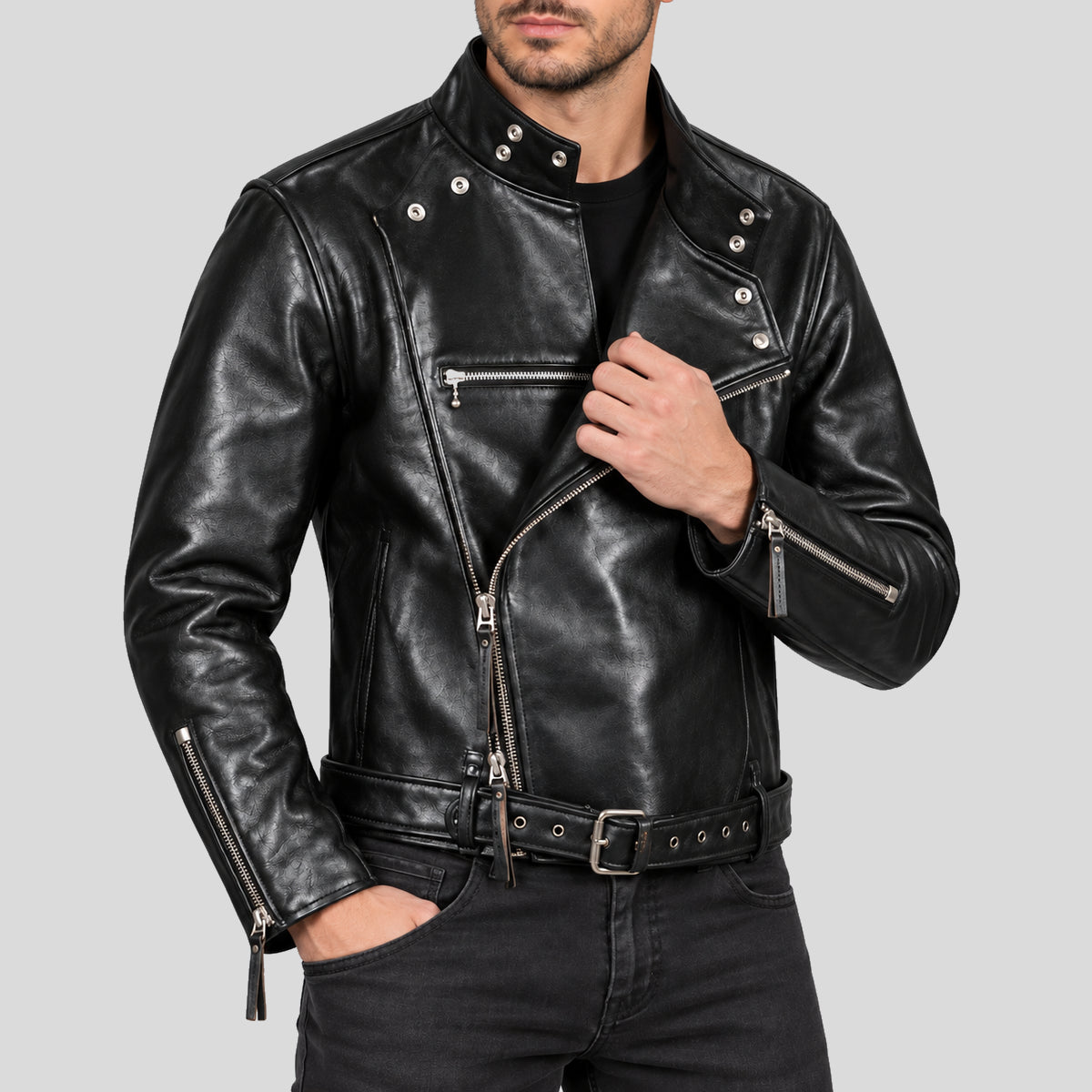 Men's 1930s Black Belted Leather Motorcycle Jacket
