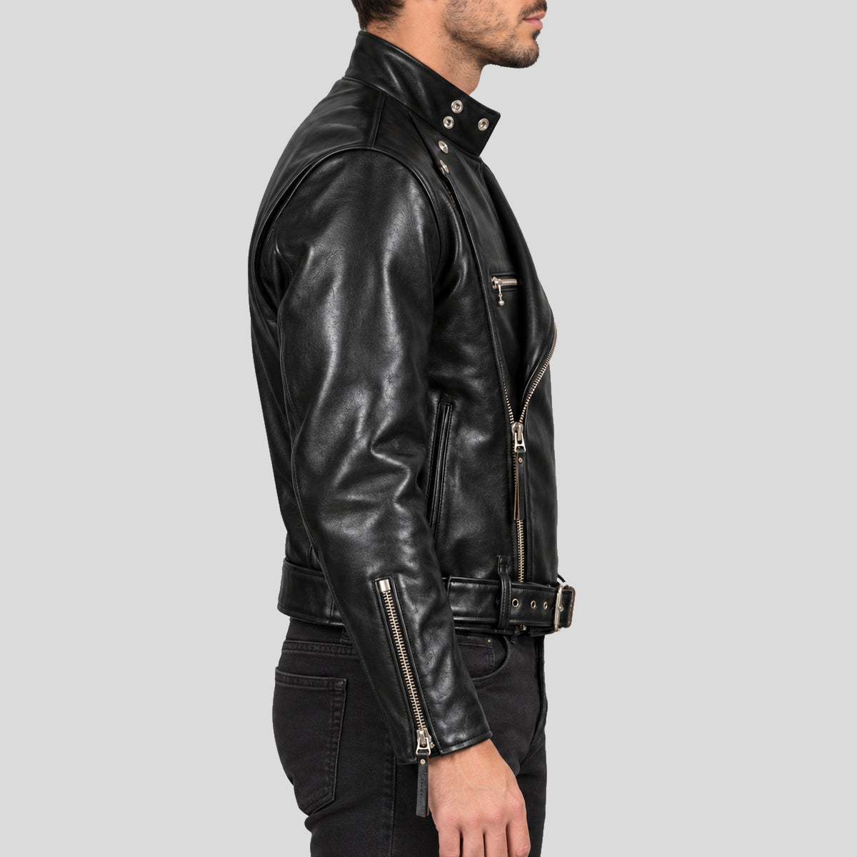 Men's 1930s Black Belted Leather Motorcycle Jacket