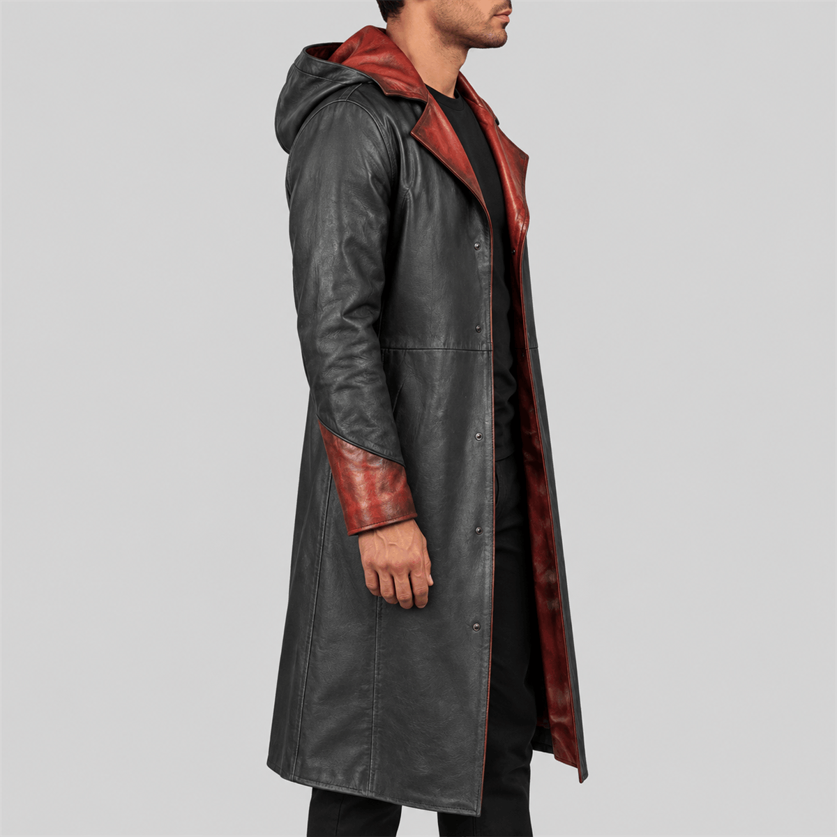Men's DMC-Inspired Black and Red Hooded Leather Coat