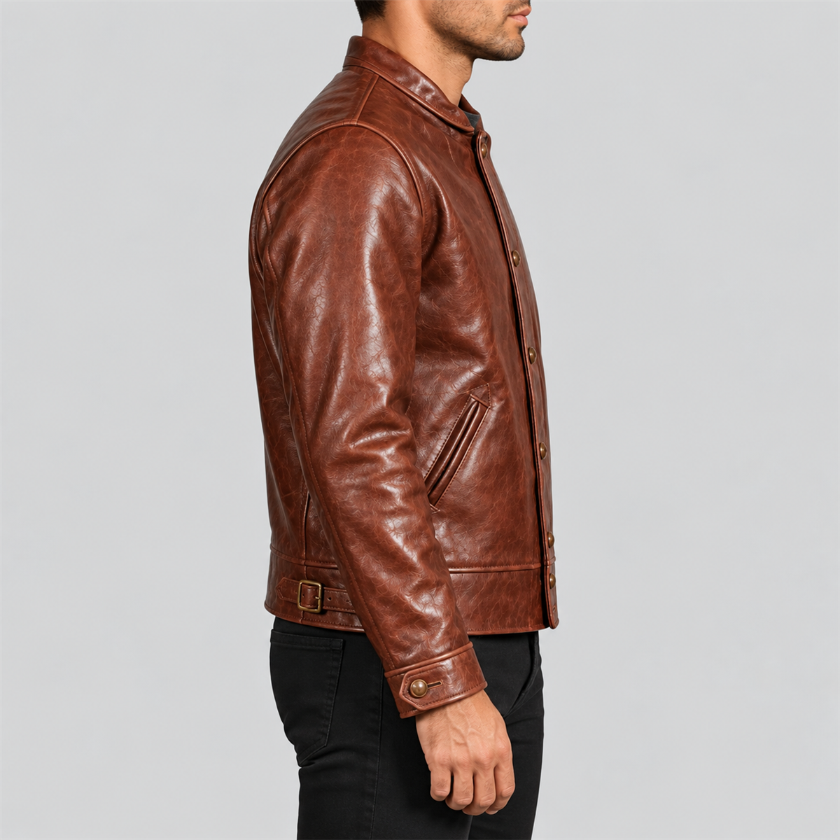 Men's Vintage Chestnut Brown Stand-Collar Leather Jacket
