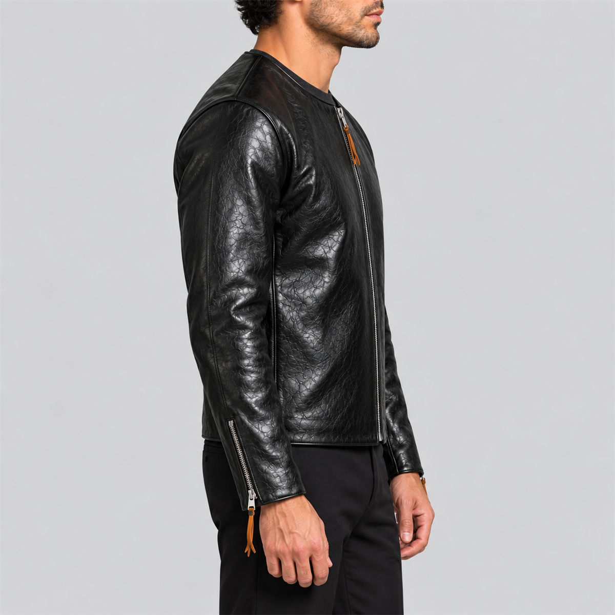 Men's 1960s Black Collarless Tea-Core Cowhide Leather Racing Jacket