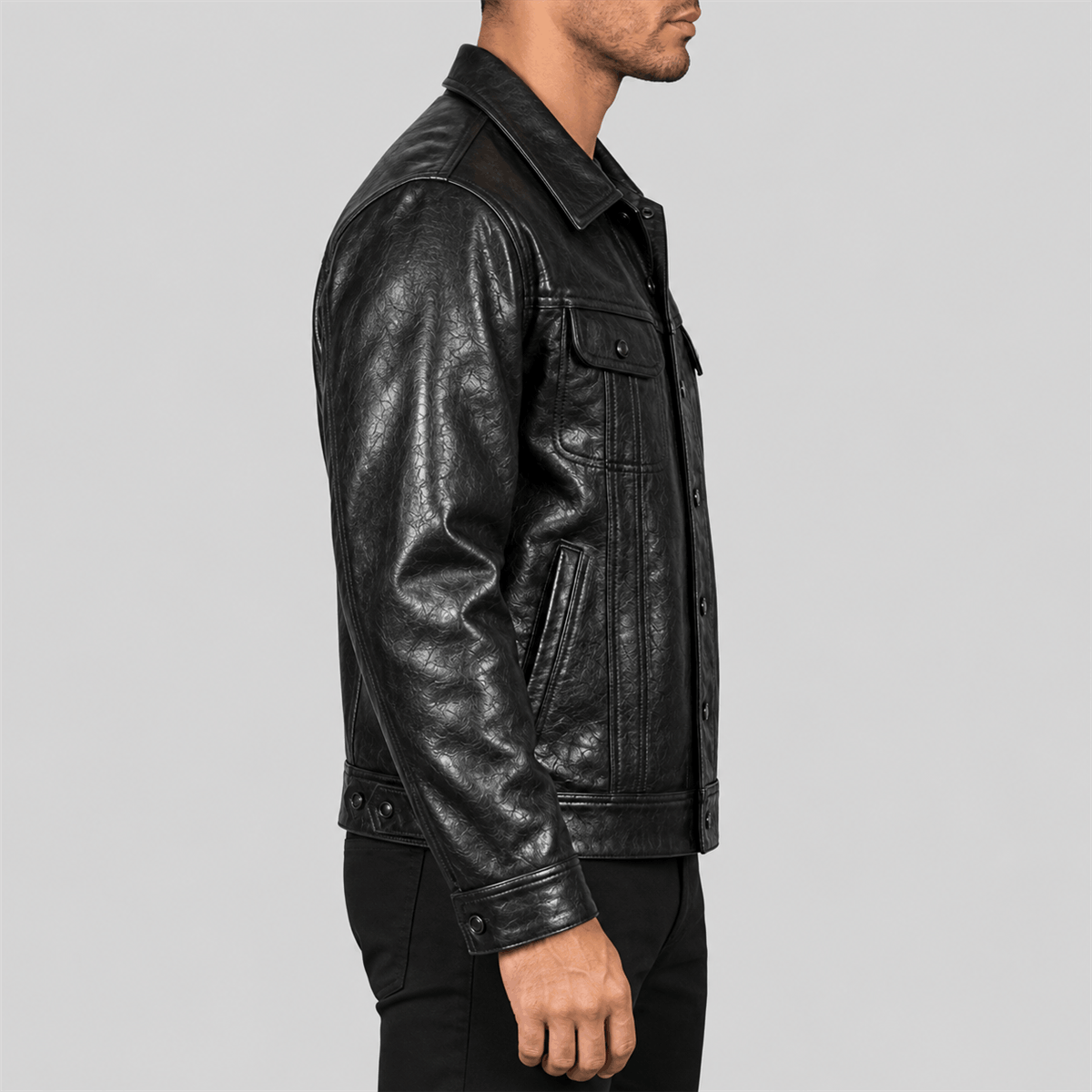 Men's Classic Black Button-Front Leather Trucker Jacket