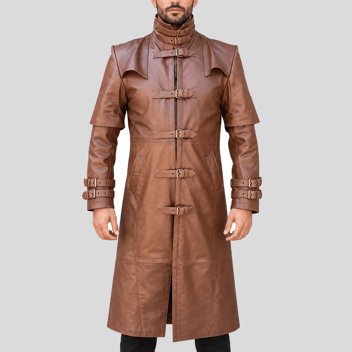 Men's Steampunk Brown Buckle Leather Long Coat