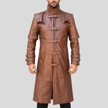Men's Steampunk Brown Buckle Leather Long Coat