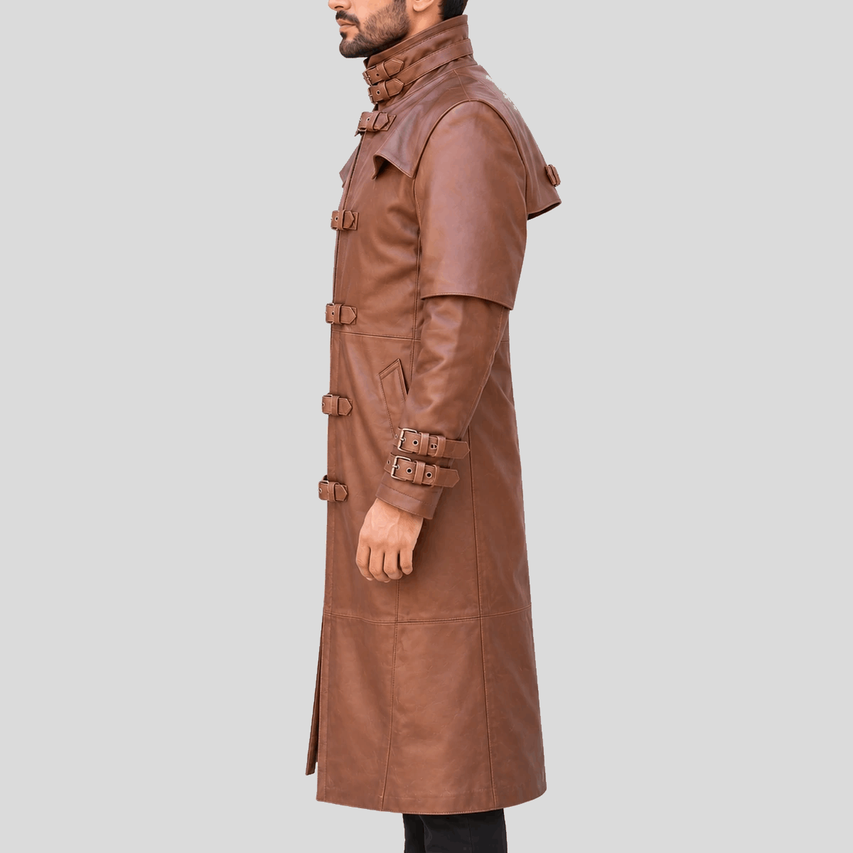 Men's Steampunk Brown Buckle Leather Long Coat