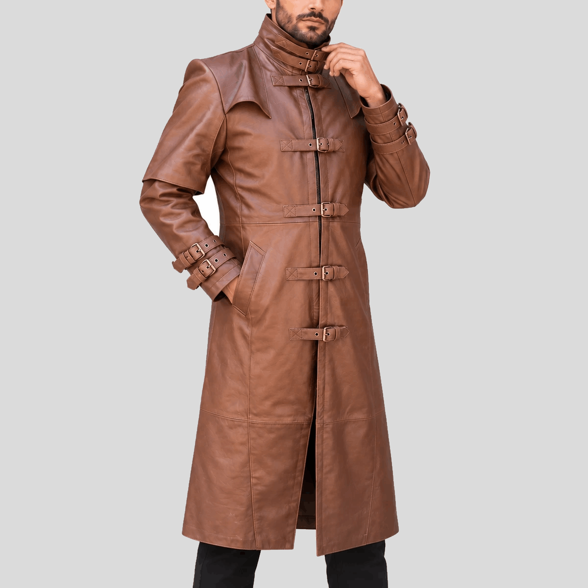 Men's Steampunk Brown Buckle Leather Long Coat