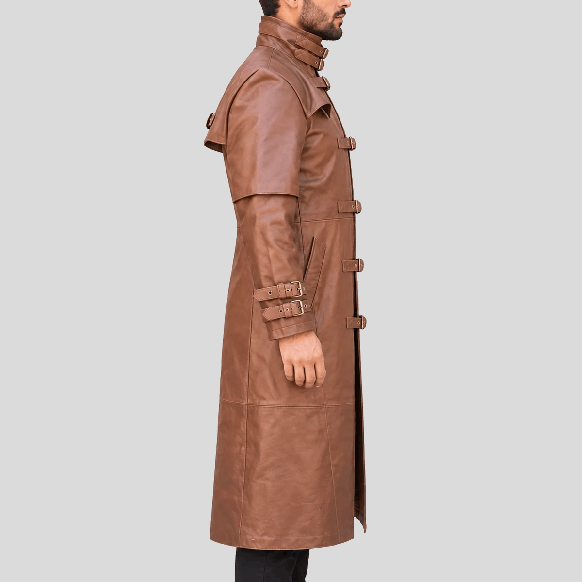 Men's Steampunk Brown Buckle Leather Long Coat