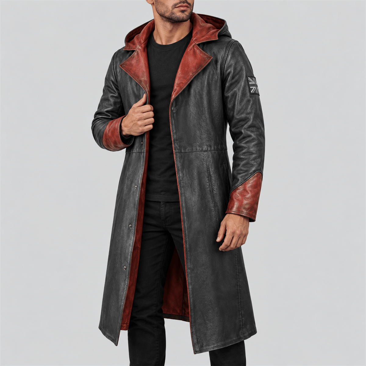 Men's DMC-Inspired Black and Red Hooded Leather Coat