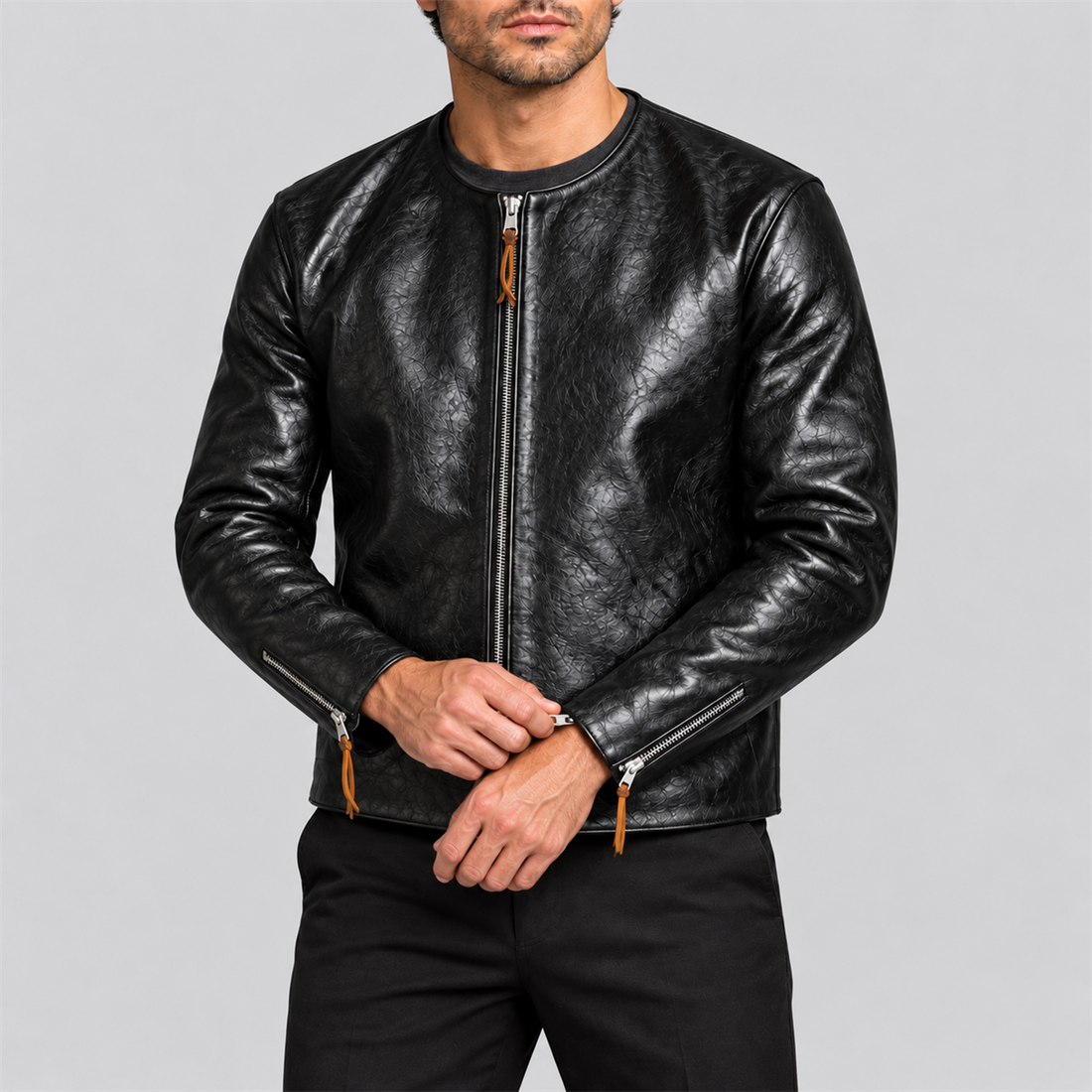 Men's 1960s Black Collarless Tea-Core Cowhide Leather Racing Jacket