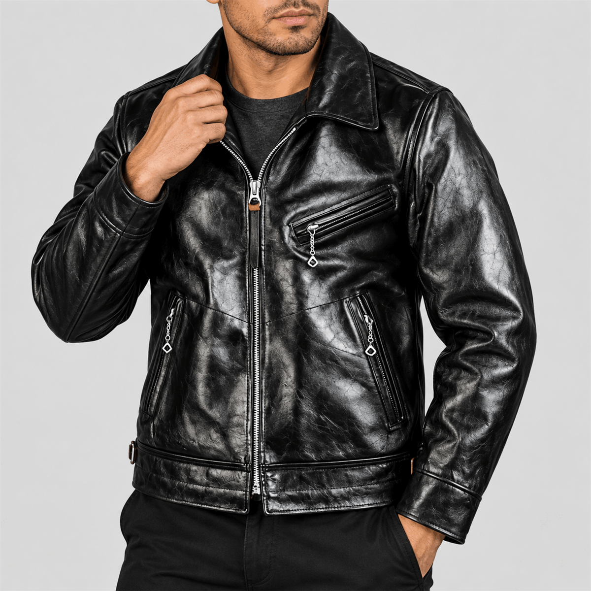 Men's Mulholland Black Tea-Core Cowhide Leather Motorcycle Jacket