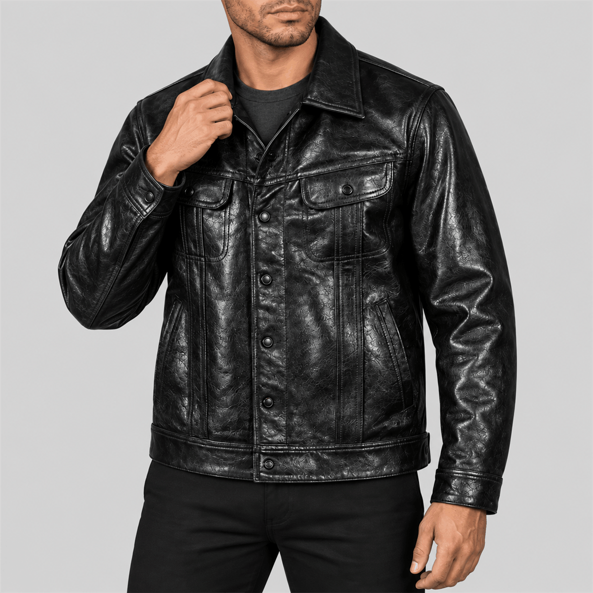 Men's Classic Black Button-Front Leather Trucker Jacket