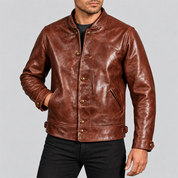 Men's Vintage Chestnut Brown Stand-Collar Leather Jacket