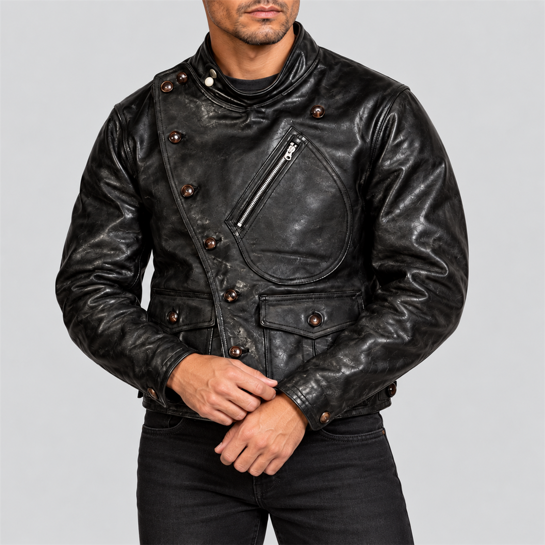 Men's Vintage Black Asymmetric Button-Front Leather Motorcycle Jacket